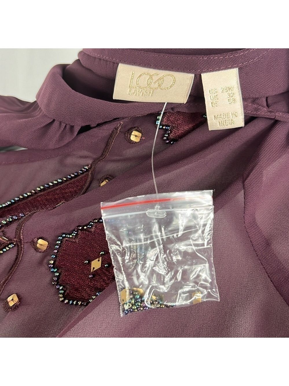LOGO Lavish by Lori Goldstein Burgundy Sheer Peplum Top Beading Sequins 28W NWOT - Picture 10 of 12
